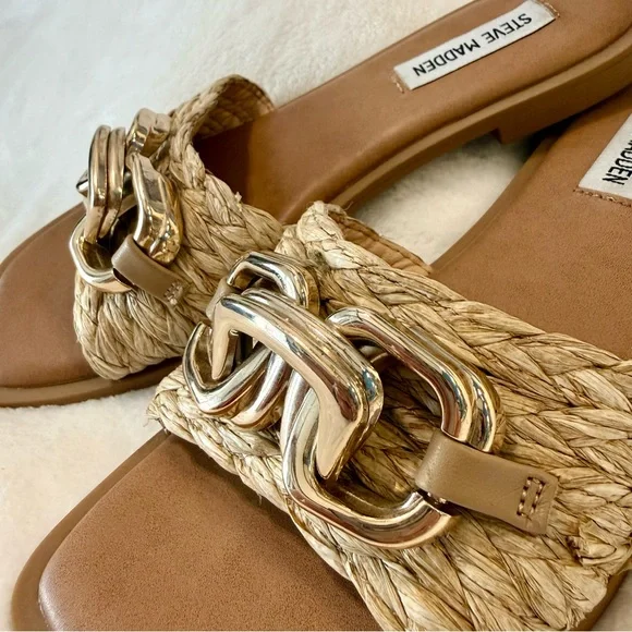 Steve Madden Gene Raffia Gold Chain Embellished Slide Sandals - Picture 1 of 7